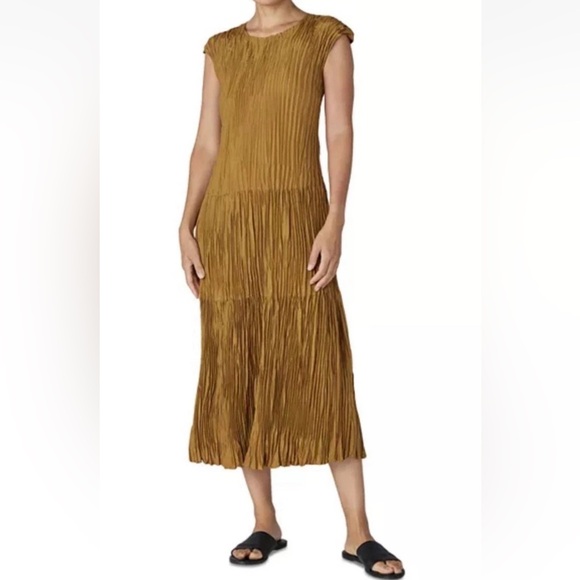 Eileen Fisher Large Bronze Crushed Silk Cap Sleeve Tiered Midi Dress NWT $388 - Picture 2 of 15